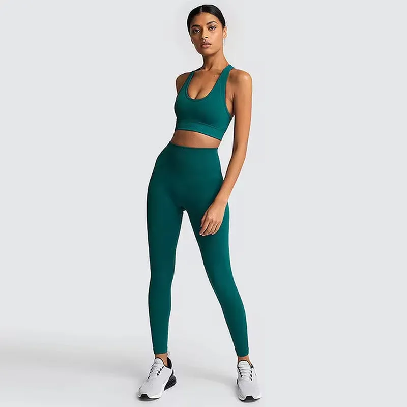 2Pcs Seamless Hyperflex Workout Sport Outfits for Women Sportswear Athletic Clothes Gym Long Sleeve Crop Top High Waist Leggings