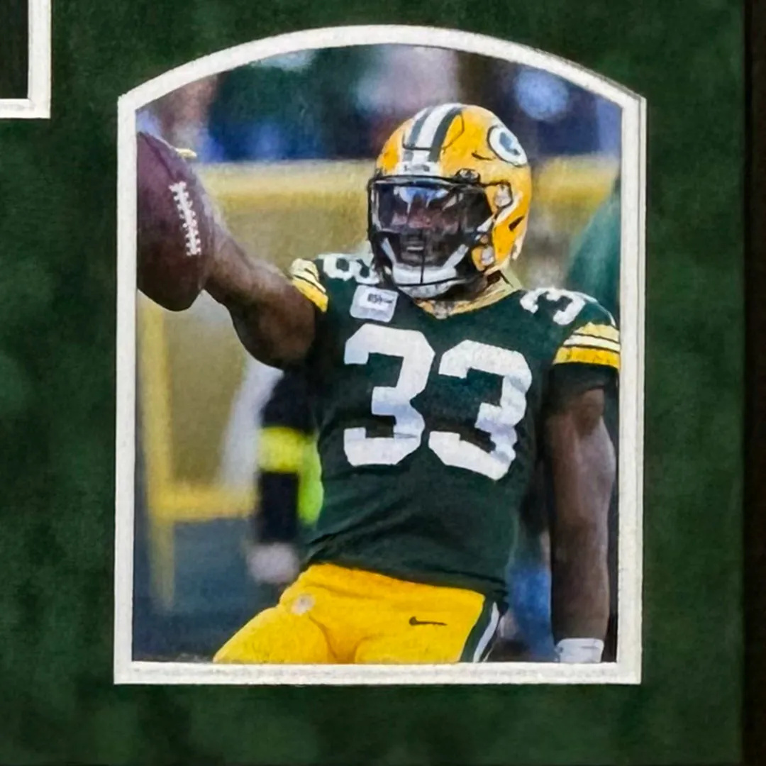 Aaron Jones Signed Green Bay Green Custom Suede Matte Framed Football Jersey (Beckett)