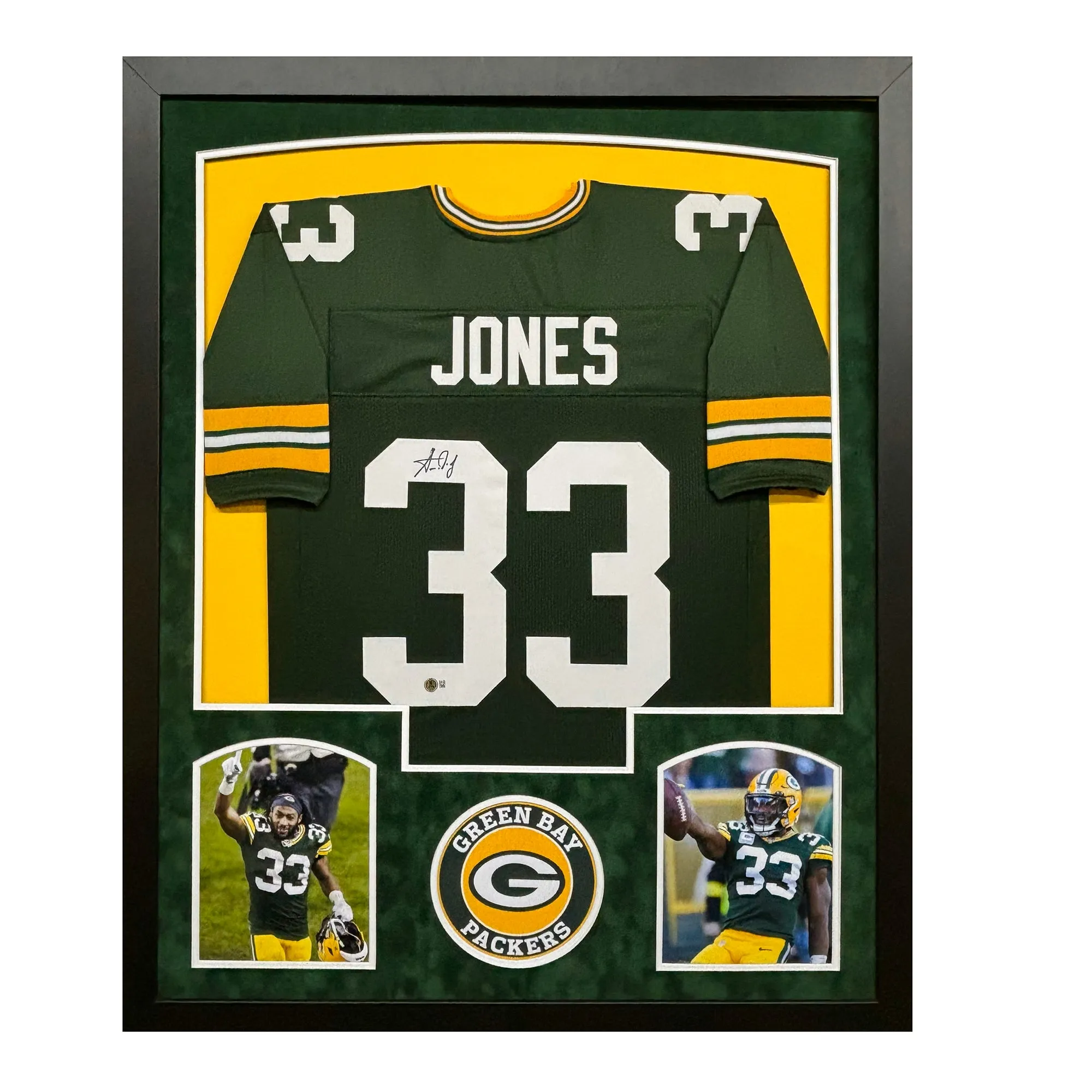 Aaron Jones Signed Green Bay Green Custom Suede Matte Framed Football Jersey (Beckett)