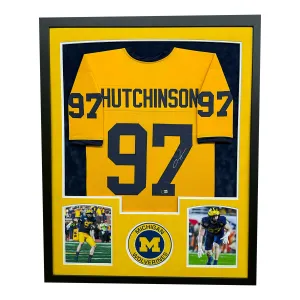 Aidan Hutchinson Signed Michigan Yellow Custom Suede Matte Framed Football Jersey