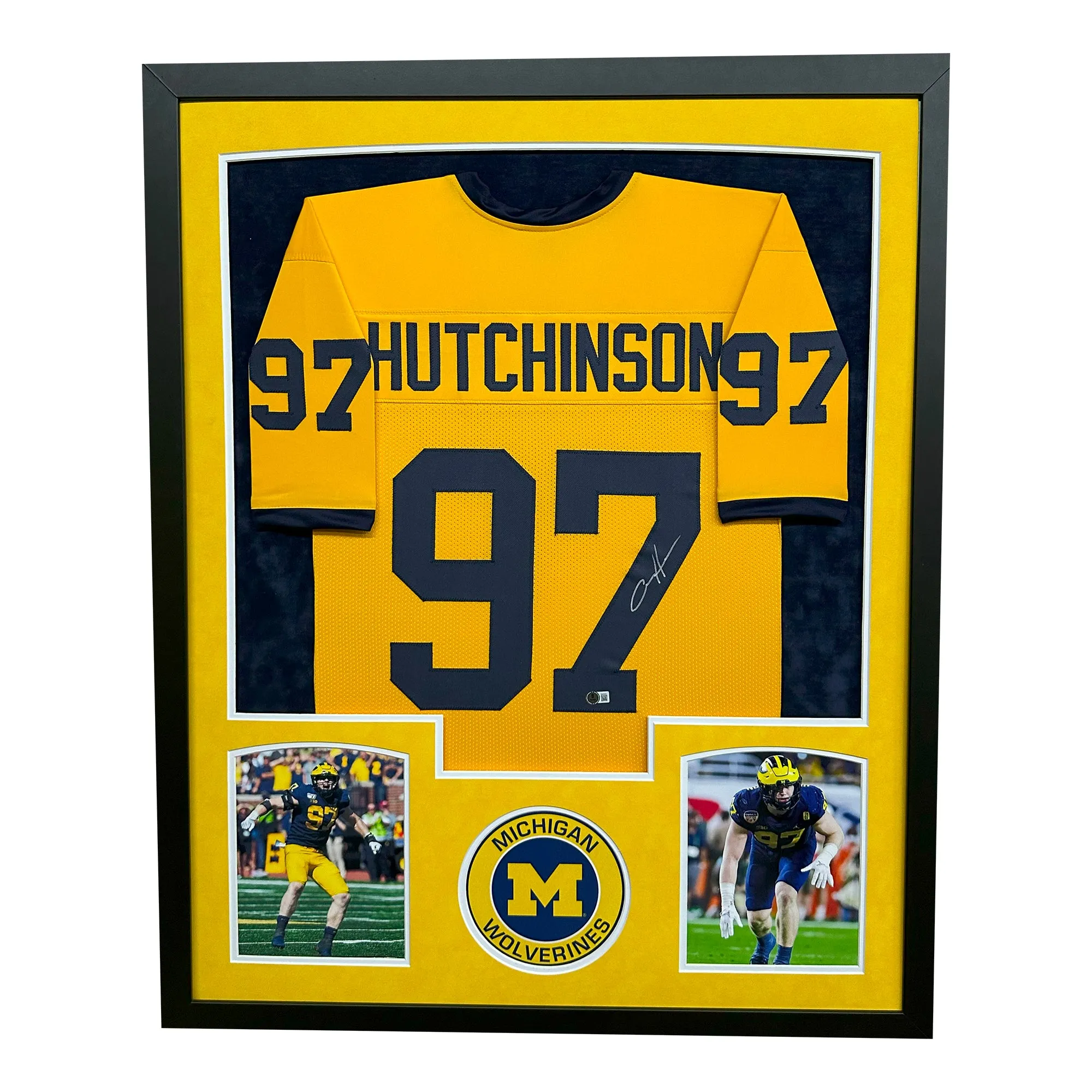 Aidan Hutchinson Signed Michigan Yellow Custom Suede Matte Framed Football Jersey