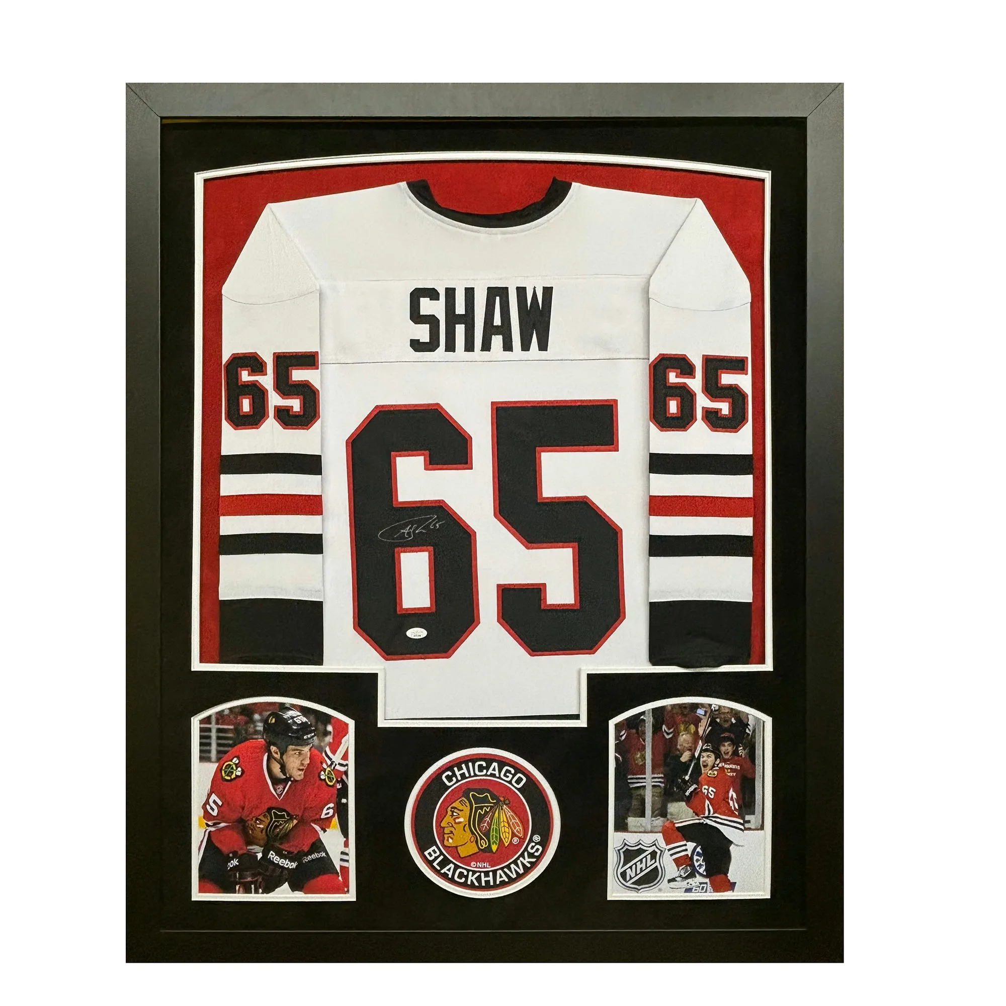 Andrew Shaw Signed Chicago White Custom Suede Matte Framed Hockey Jersey (JSA)