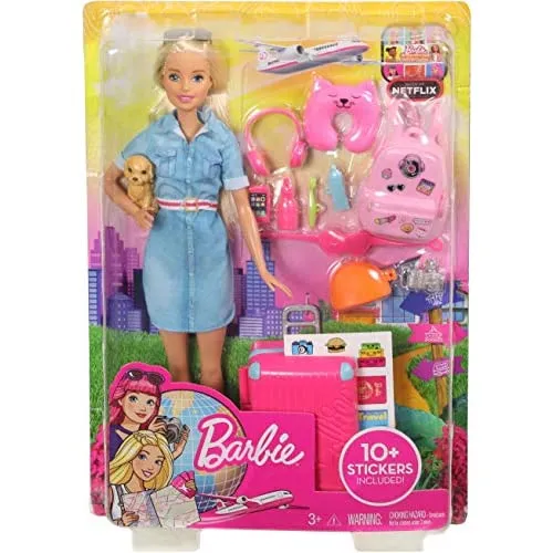 Barbie Travel Doll Blonde with Puppy, Suitcase, Stickers and 10  Accessories