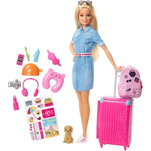 Barbie Travel Doll Blonde with Puppy, Suitcase, Stickers and 10  Accessories