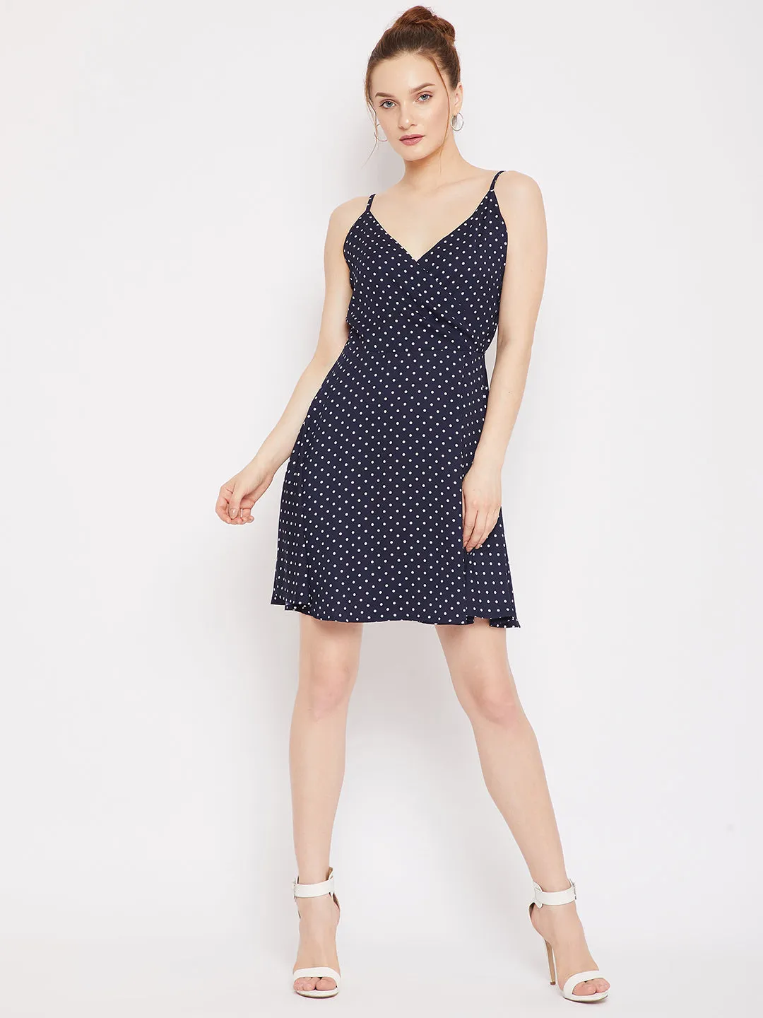 Berrylush Women Navy Blue & White Polka Dot Printed V-Neck Fit & Flare Wrap Mini Dress