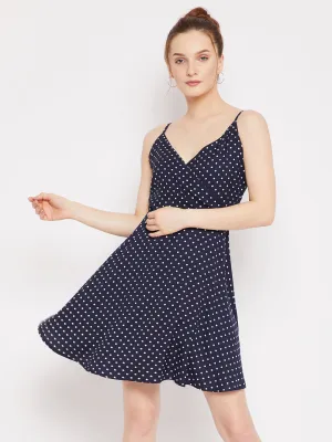 Berrylush Women Navy Blue & White Polka Dot Printed V-Neck Fit & Flare Wrap Mini Dress