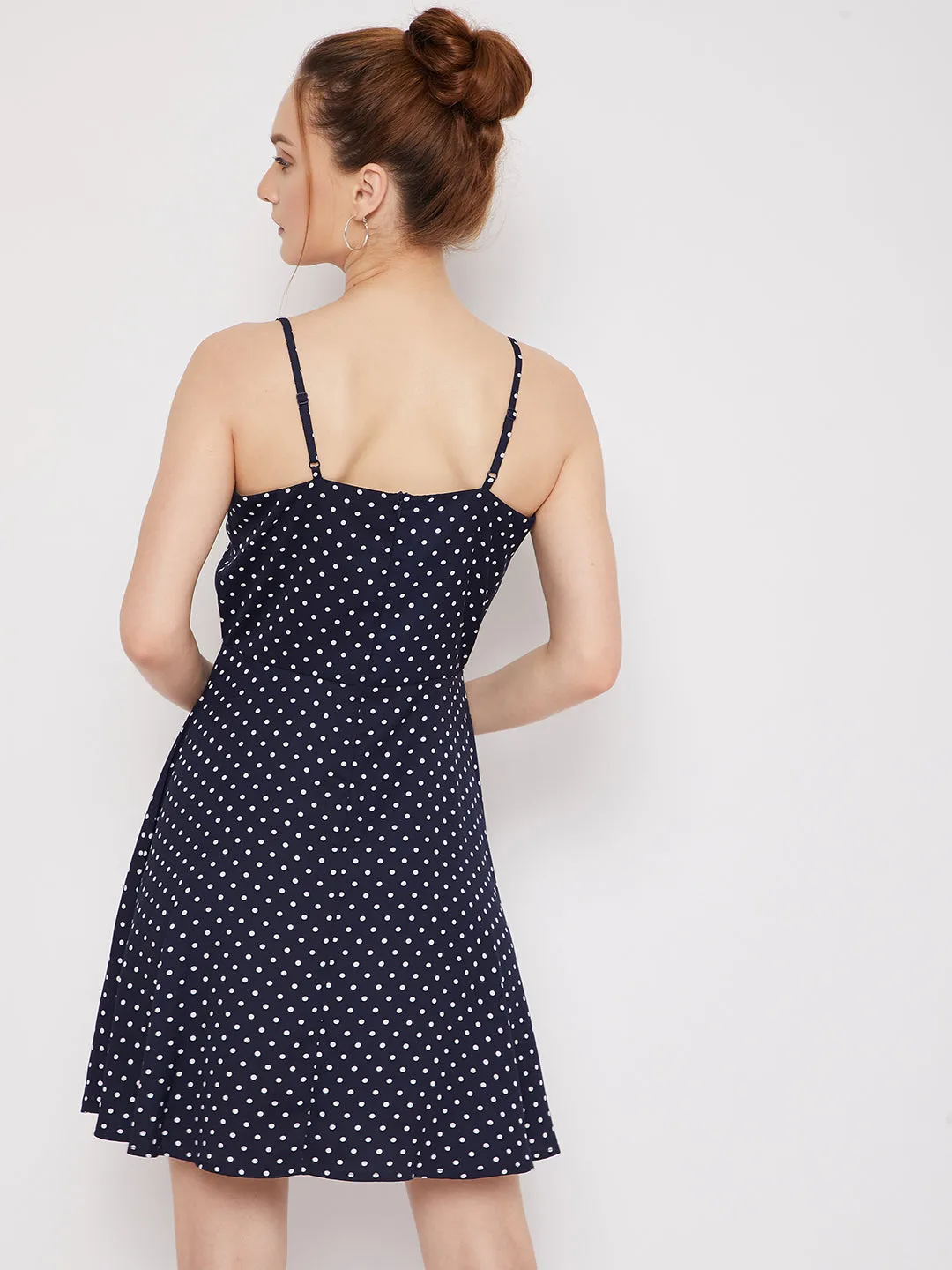 Berrylush Women Navy Blue & White Polka Dot Printed V-Neck Fit & Flare Wrap Mini Dress