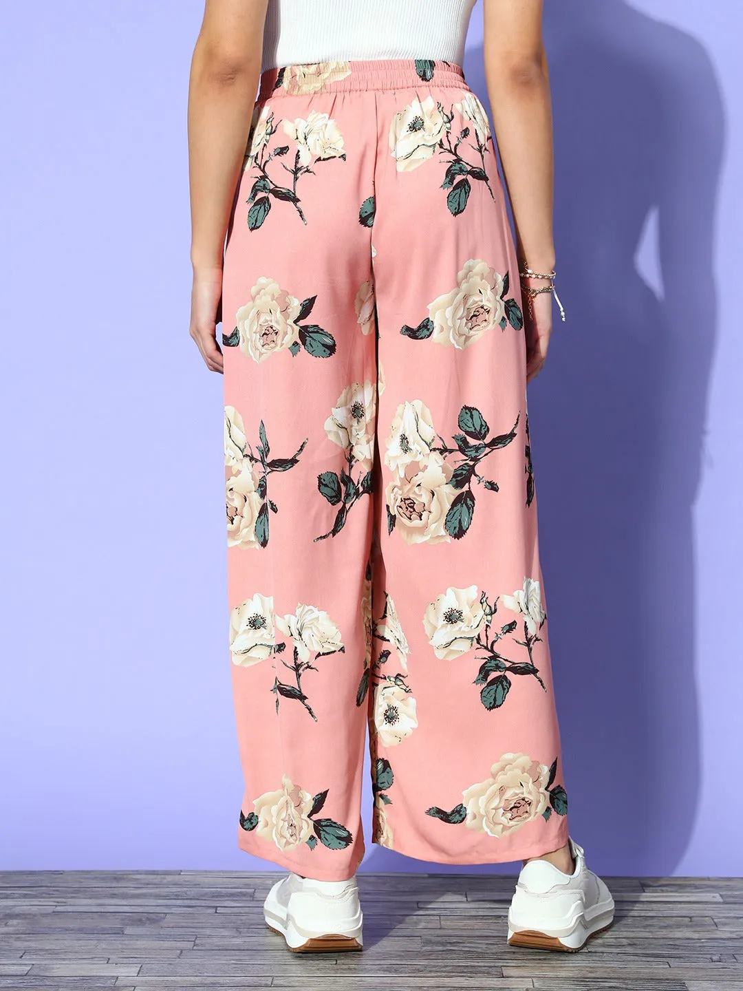 Berrylush Women Pink & White Floral Printed High-Rise Waist Wide-Leg Regular Trousers