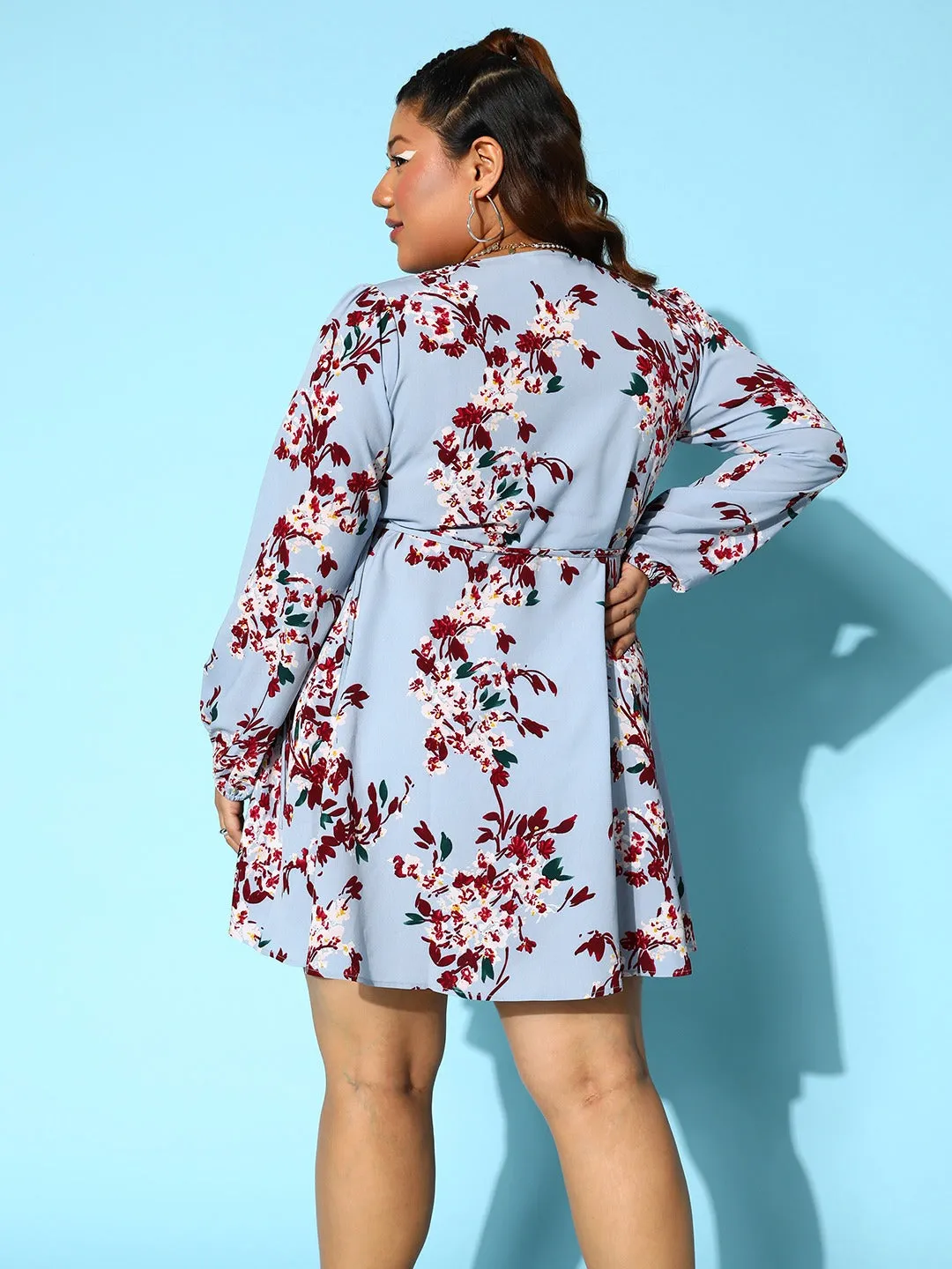 Berrylush Women Plus Size Blue & Maroon Floral Printed V-Neck Waist Tie-Up Crepe Layered Wrap Mini Dress