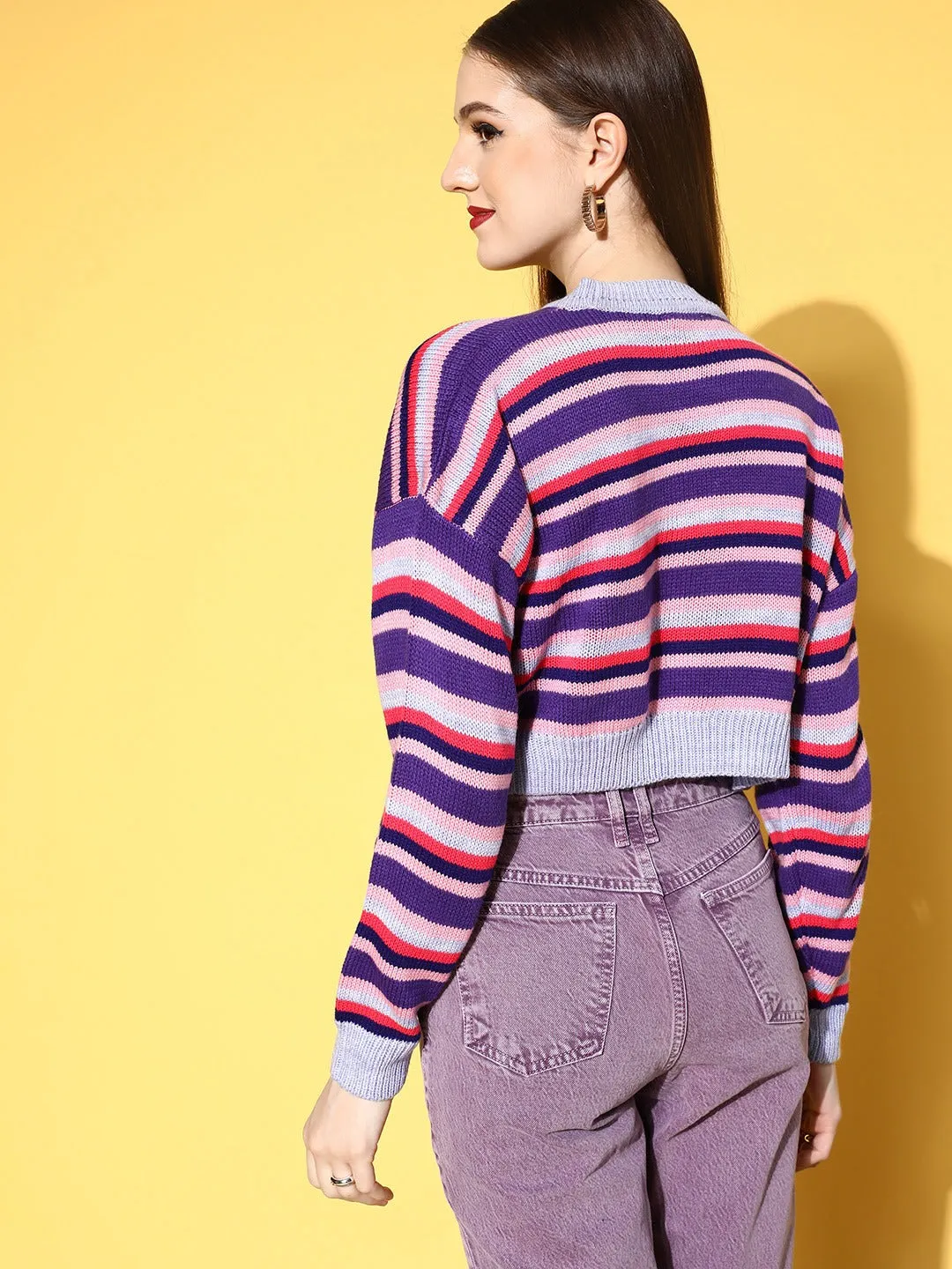 Berrylush Women Purple & Pink Striped Pattern Round Neck Acrylic Ribbed Hem Cropped Pullover