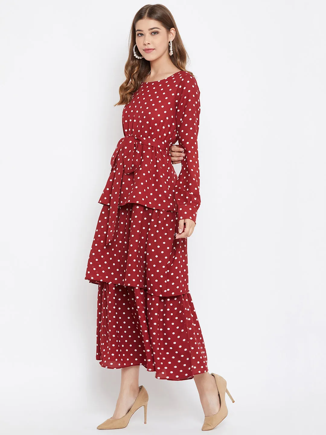 Berrylush Women Red Polka Dot Printed Round-Neck Tiered Fit & Flare Maxi Dress