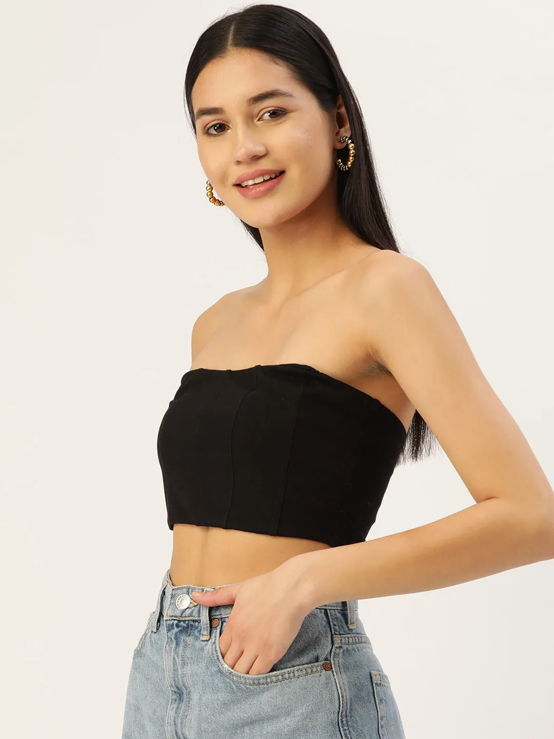 Berrylush Women Solid Black Strapless Neck Sleeveless Cotton Cropped Tube Top