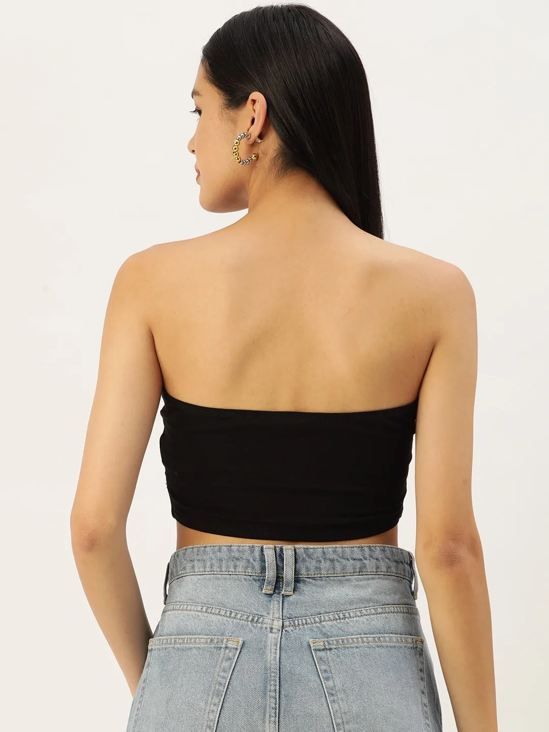 Berrylush Women Solid Black Strapless Neck Sleeveless Cotton Cropped Tube Top