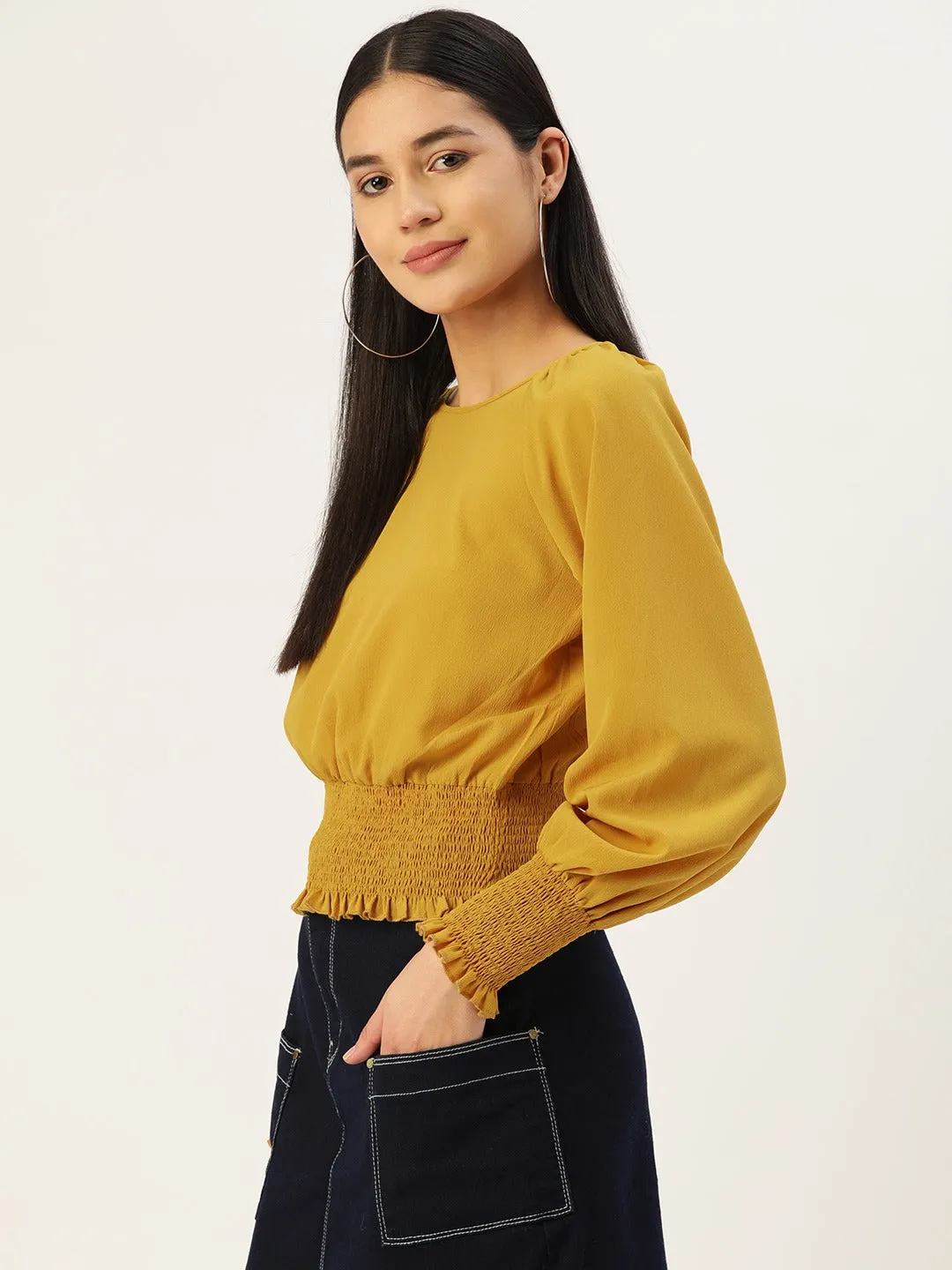 Berrylush Women Solid Yellow Round Neck Bishop Sleeves Crepe Smocked Crop Top