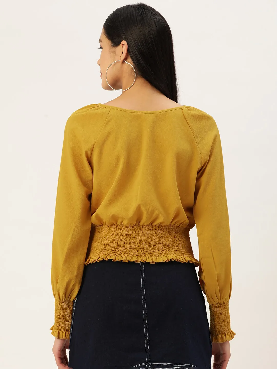 Berrylush Women Solid Yellow Round Neck Bishop Sleeves Crepe Smocked Crop Top