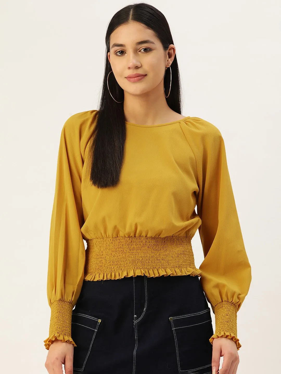 Berrylush Women Solid Yellow Round Neck Bishop Sleeves Crepe Smocked Crop Top