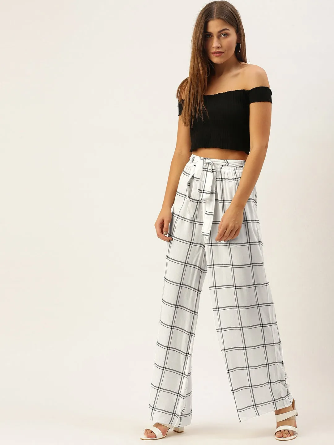 Berrylush Women White & Black Checked Print Drawstring Waist High-Rise Wide Leg Trousers