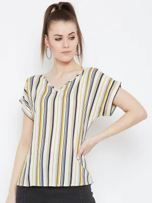 Berrylush Women White & Multicolour Striped Pattern V-Neck Woven Regular Top