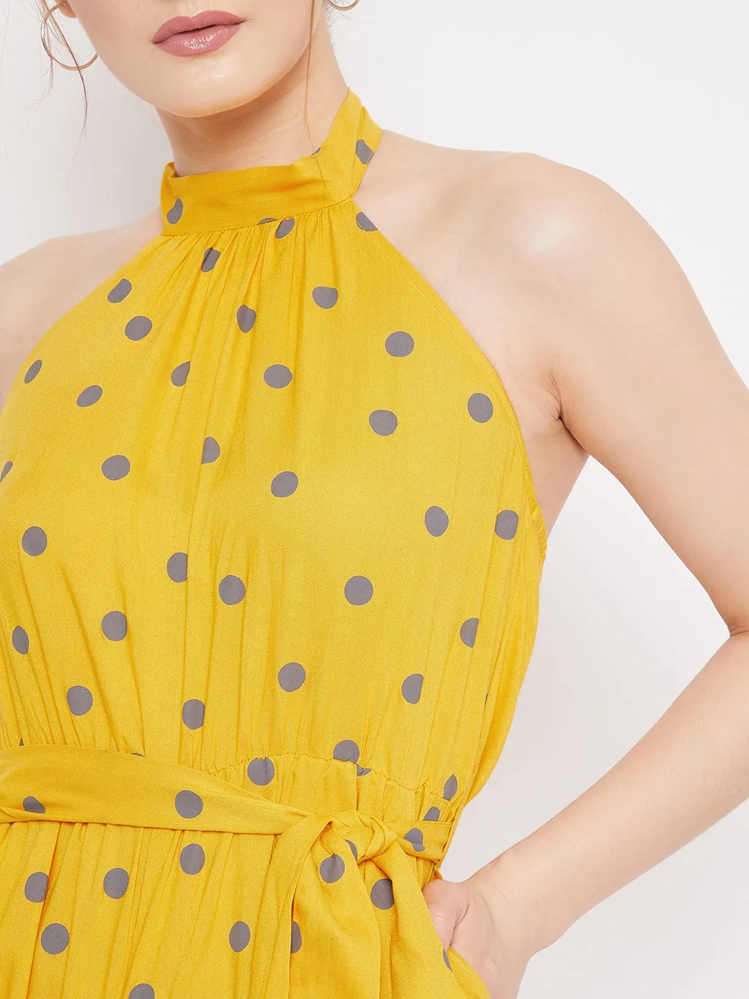 Berrylush Women Yellow & Grey Polka Dot Printed Halter Neck Backless Belted Mini Jumpsuit