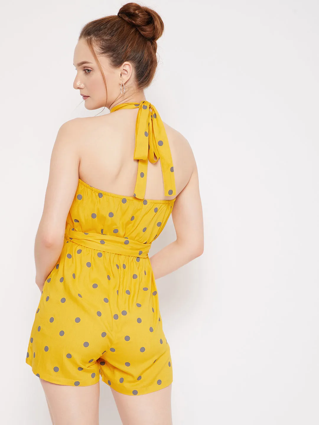 Berrylush Women Yellow & Grey Polka Dot Printed Halter Neck Backless Belted Mini Jumpsuit