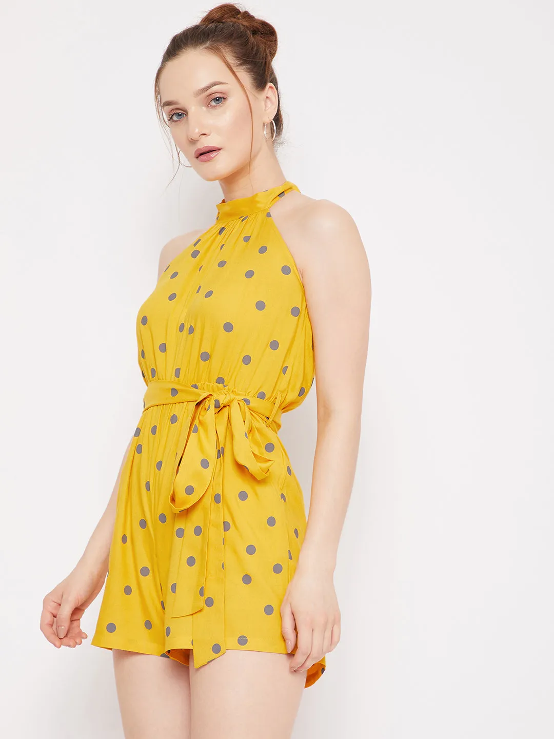 Berrylush Women Yellow & Grey Polka Dot Printed Halter Neck Backless Belted Mini Jumpsuit