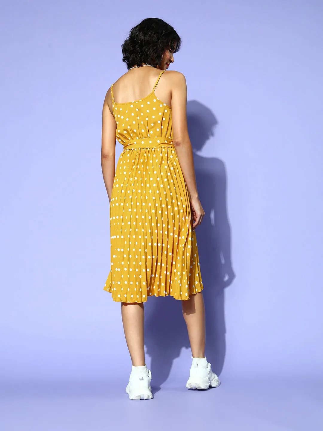 Berrylush Women Yellow & White Polka Dot Printed V-Neck Tie-Up Waist Crepe Accordion Pleated Fit & Flare Midi Dress