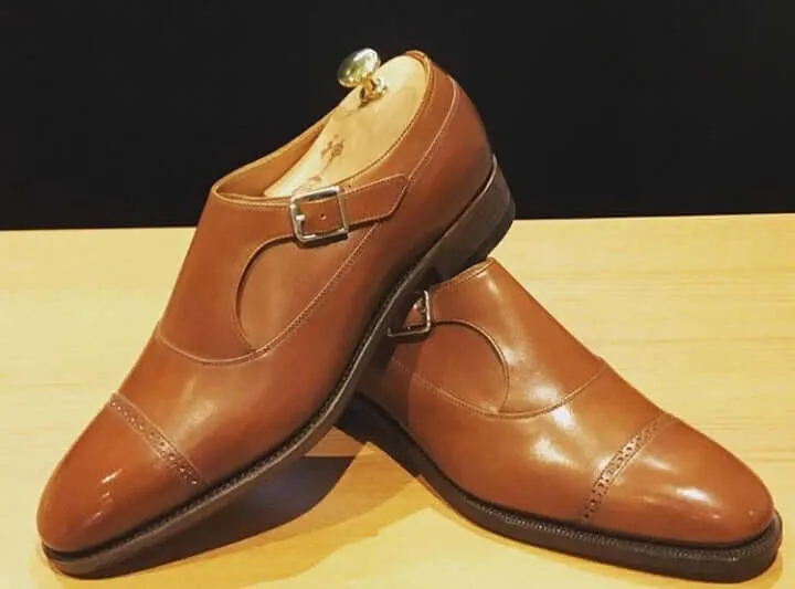 Bespoke Tan Cap Toe Shoes Monk Straps Leather Shoe, Men Shoes,Dress Shoes