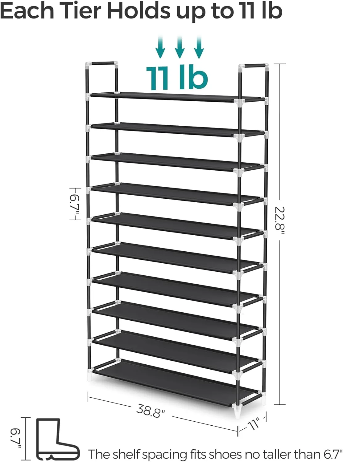 Black 10-Tier Metal Shoe Rack for 50 Pairs, Non-Woven Fabric Shelves - SONGMICS