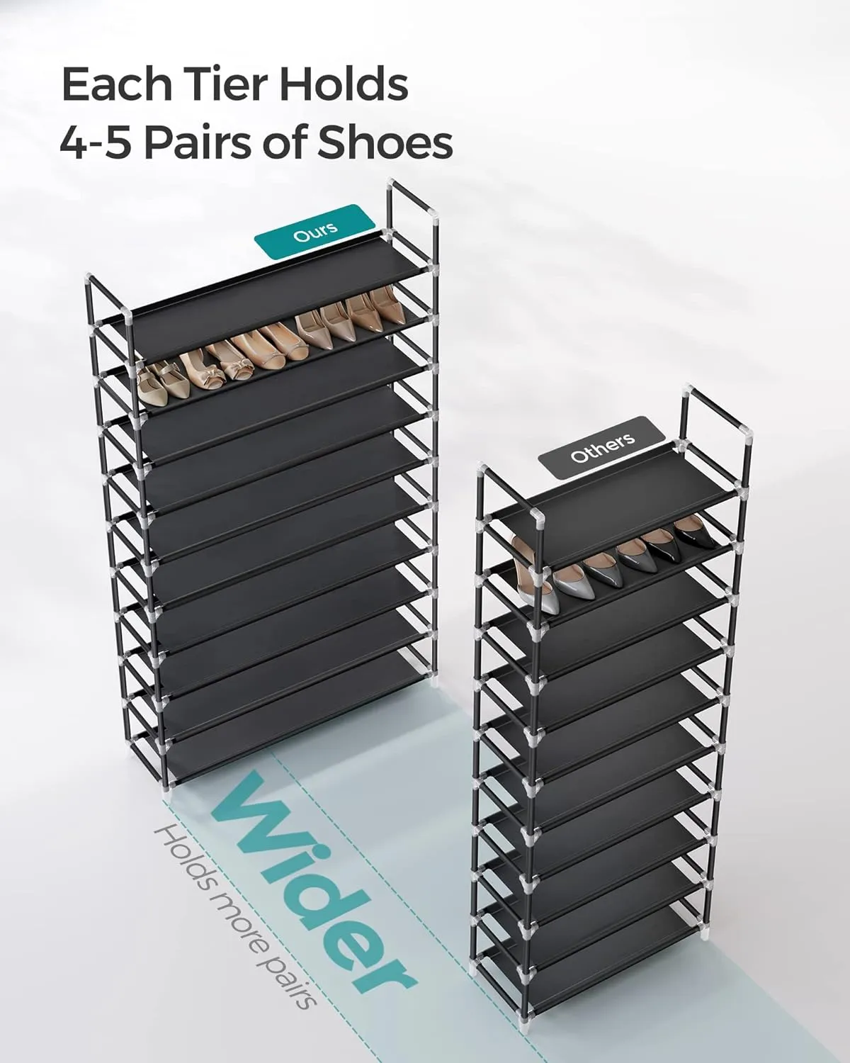 Black 10-Tier Metal Shoe Rack for 50 Pairs, Non-Woven Fabric Shelves - SONGMICS