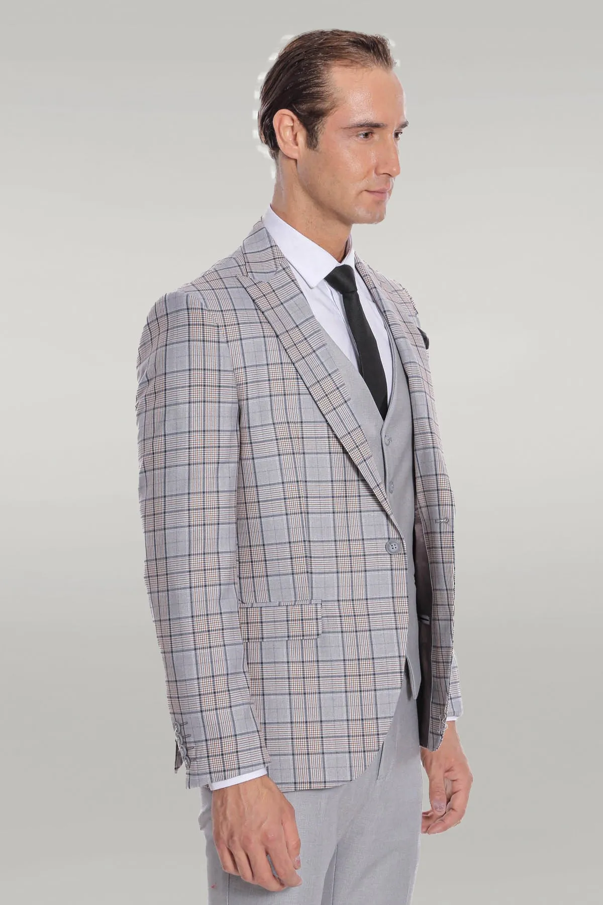 Checked Slim Fit Light Grey Men Suit - Wessi