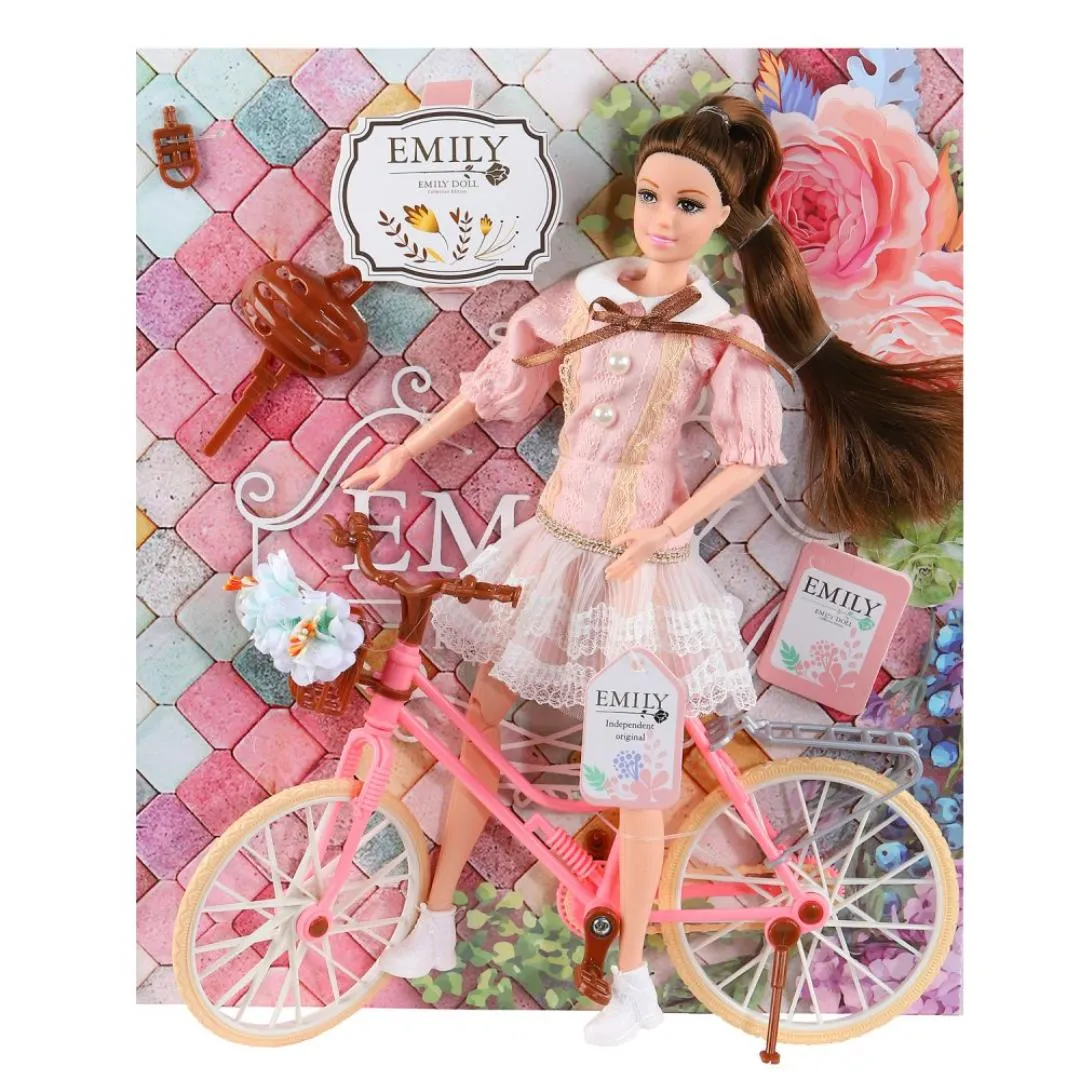 Children's Doll Emily Pink Bicycle with Helmet and Flower