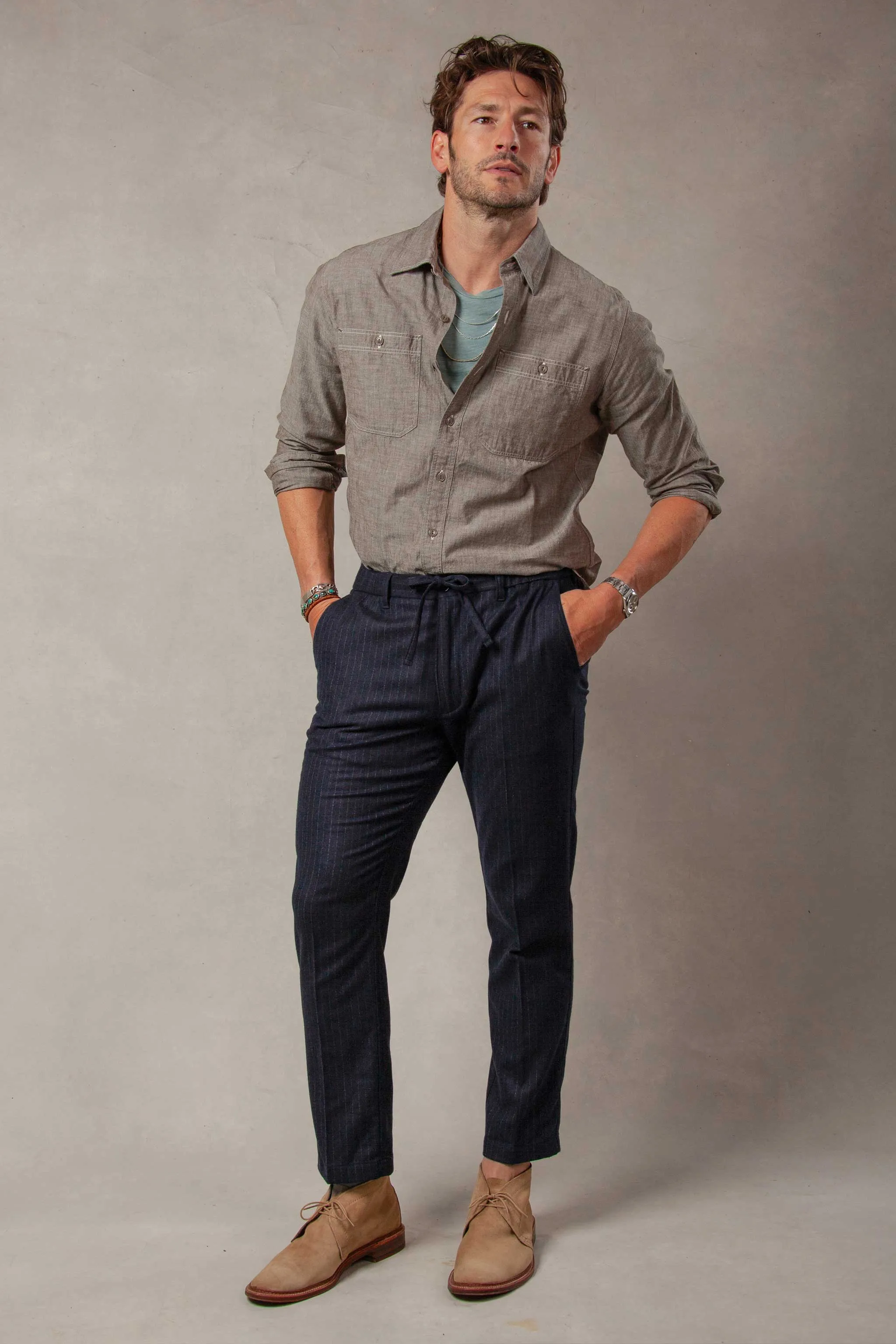 Chiltern Wool Cashmere Trouser in Navy Chalkstripe