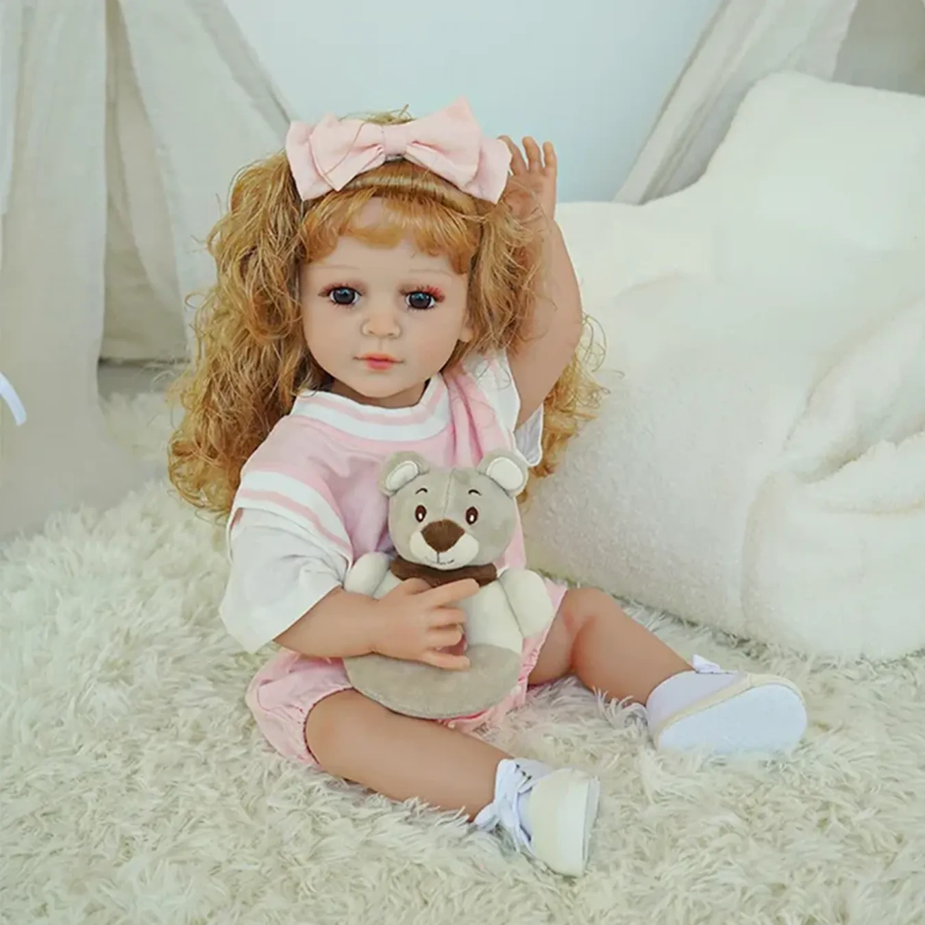 Chimi Doll - (55cm) Reborn Baby Doll Lifelike Kids Play Doll Toddler Doll incl. clothes / accessories (battery operated) - Pink T-Shirt