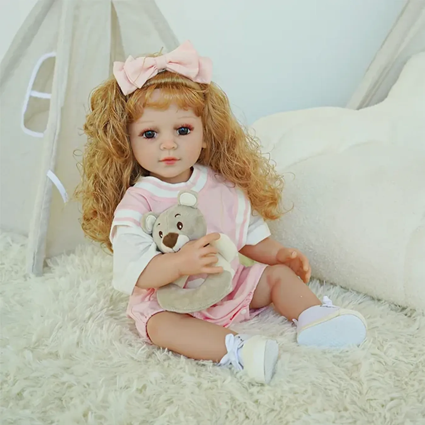 Chimi Doll - (55cm) Reborn Baby Doll Lifelike Kids Play Doll Toddler Doll incl. clothes / accessories (battery operated) - Pink T-Shirt