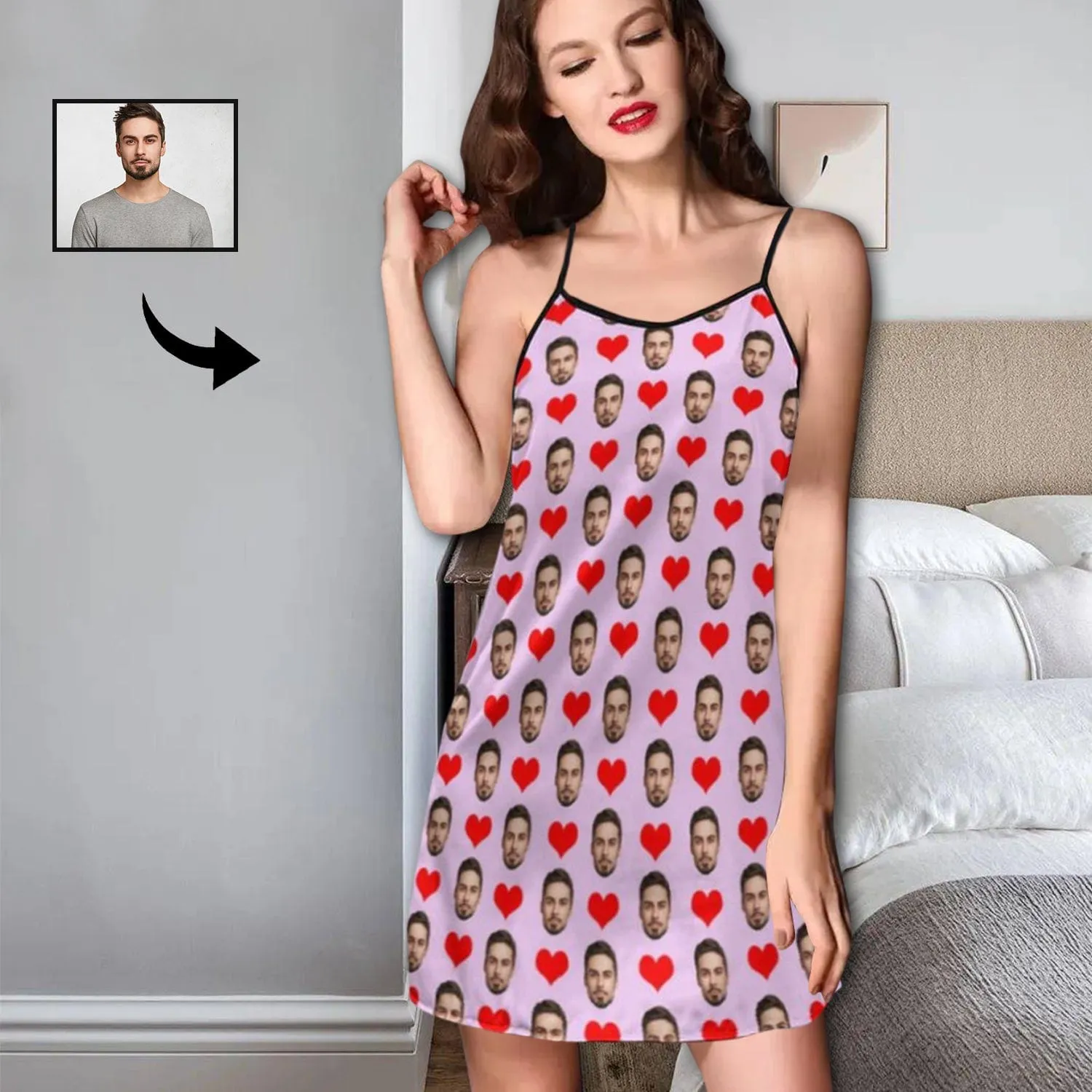 Custom Husband Face Nightdress Chemise For Women With Red Heart Loose Sleepwear V Neck Pajama Dress Soft Nightshirt Sleeveless