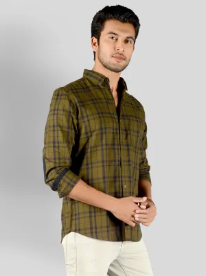 Dark Olive Green Checked Slim Fit Casual Shirt | JadeBlue