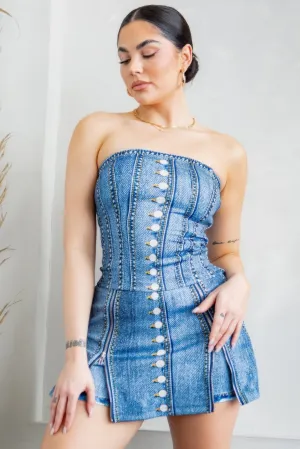 Denim Effect Corset Top & Bottom Outfit Set