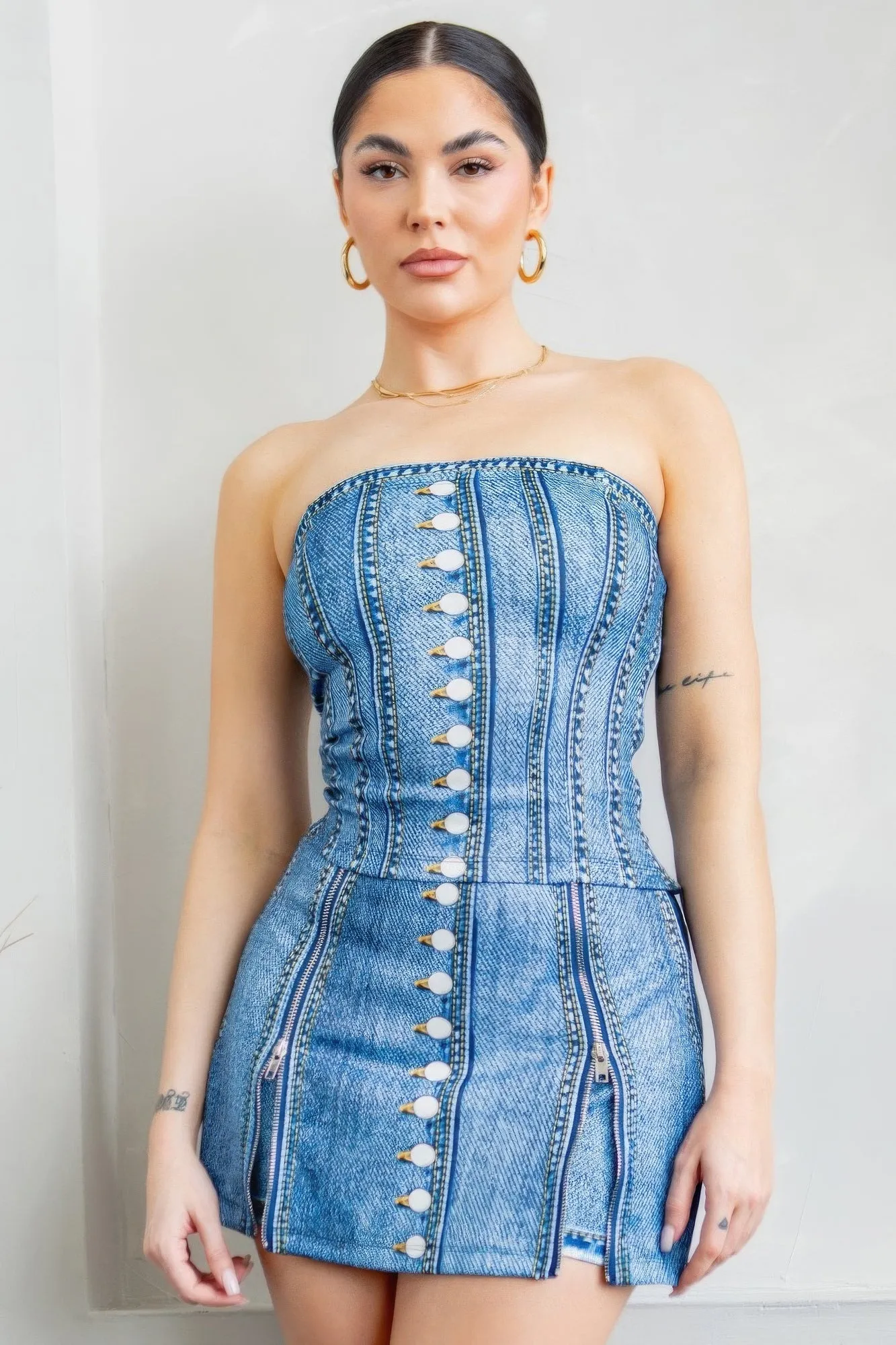 Denim Effect Corset Top & Bottom Outfit Set