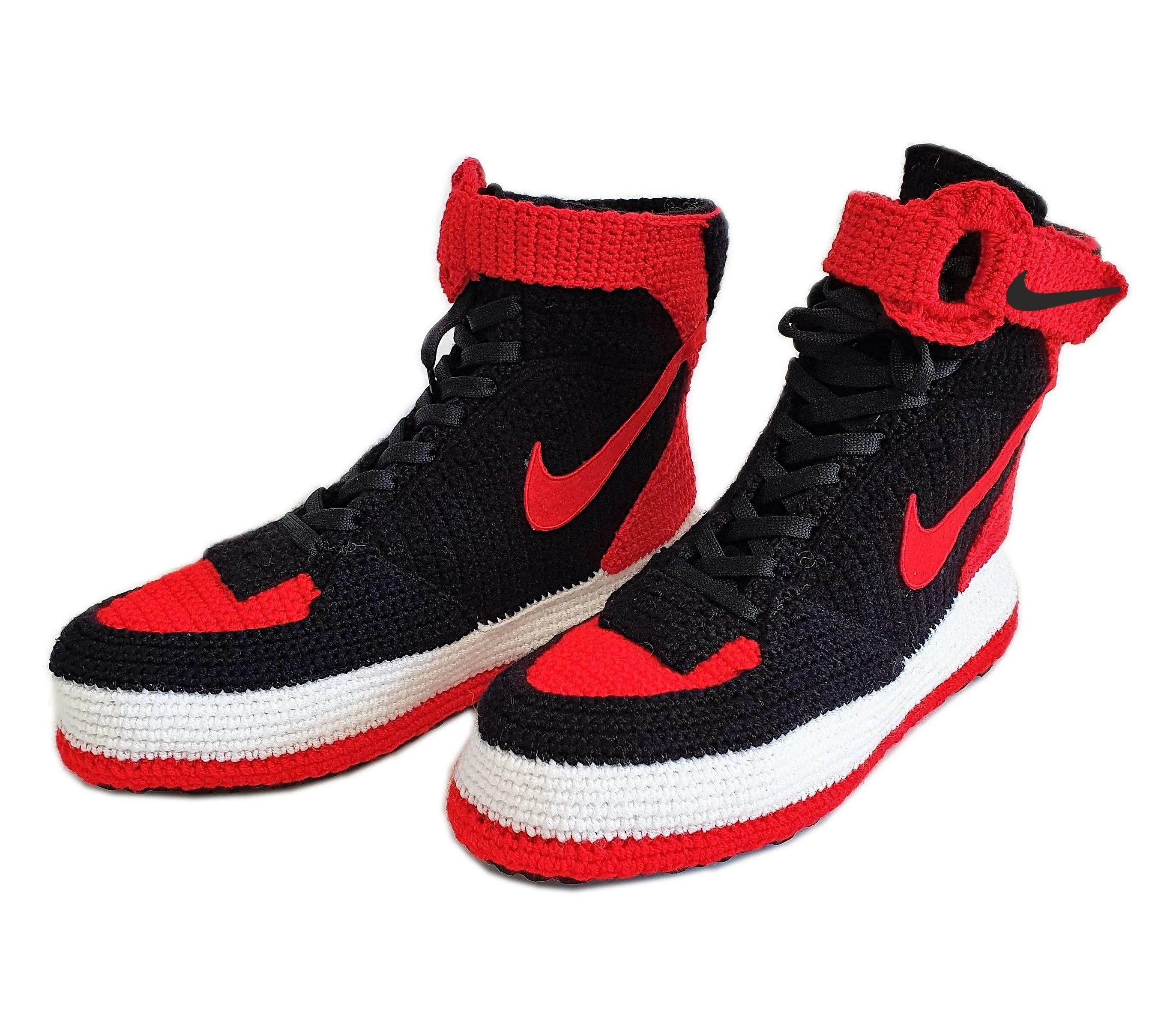 Force 1 High Top Red Black Crochet Style Sneakers Handmade Slippers