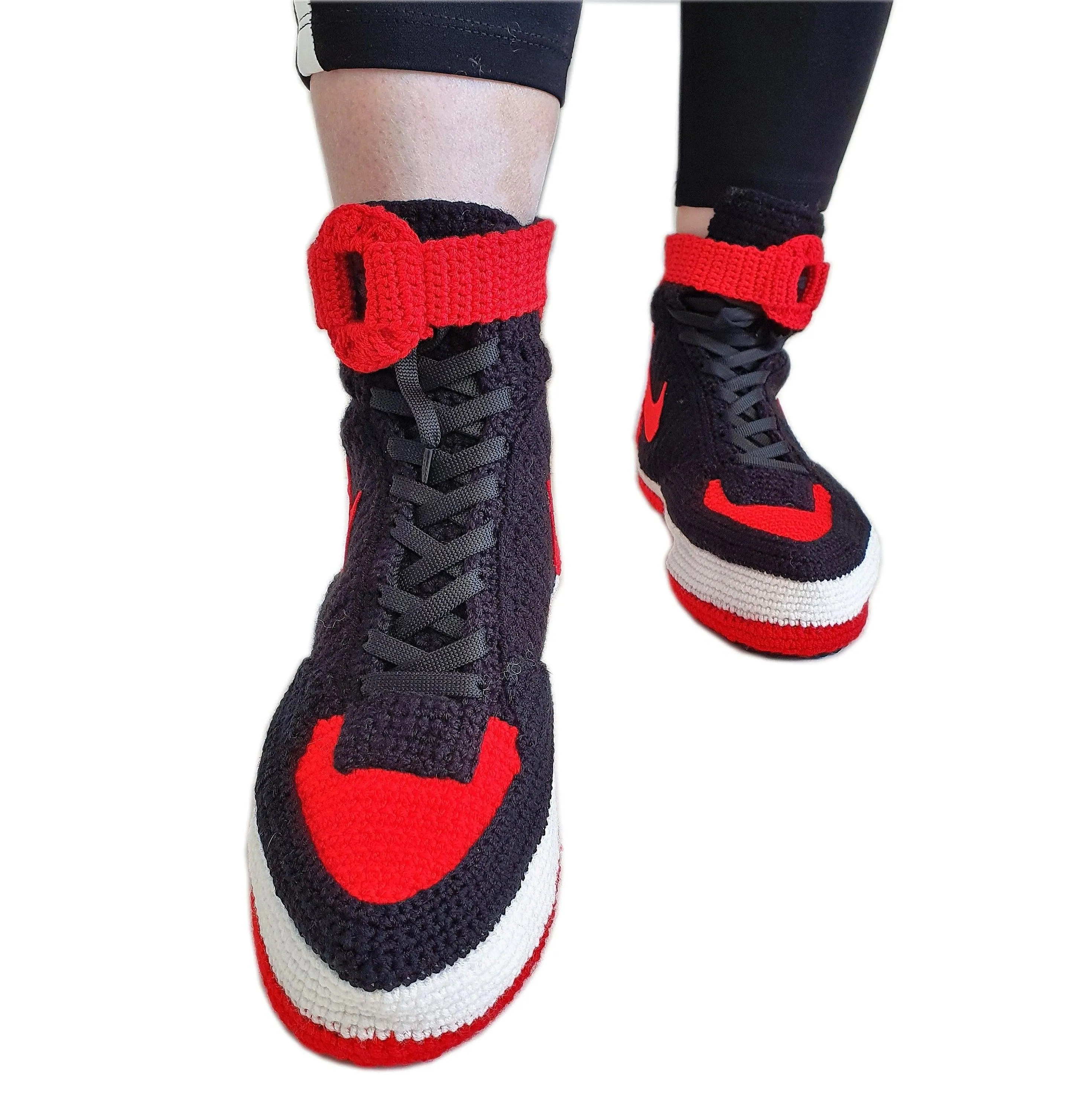 Force 1 High Top Red Black Crochet Style Sneakers Handmade Slippers