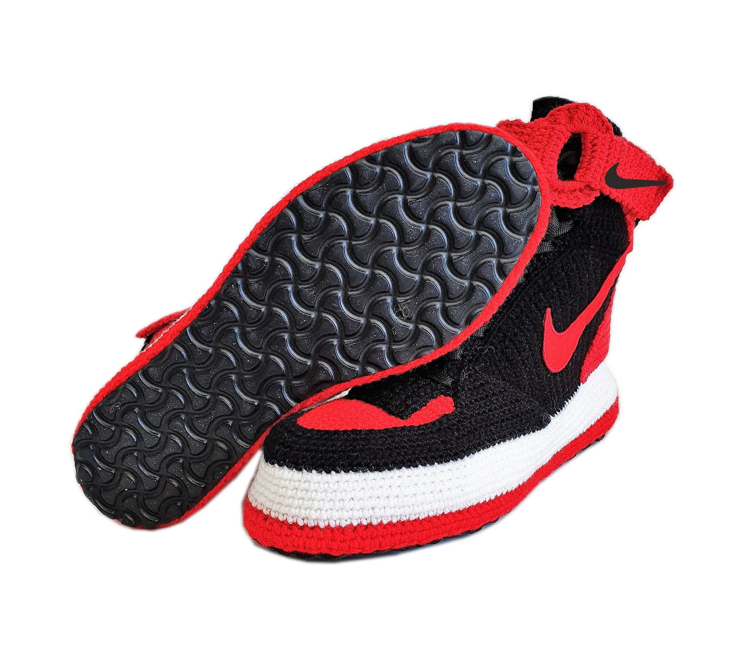 Force 1 High Top Red Black Crochet Style Sneakers Handmade Slippers