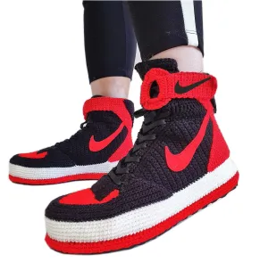 Force 1 High Top Red Black Crochet Style Sneakers Handmade Slippers