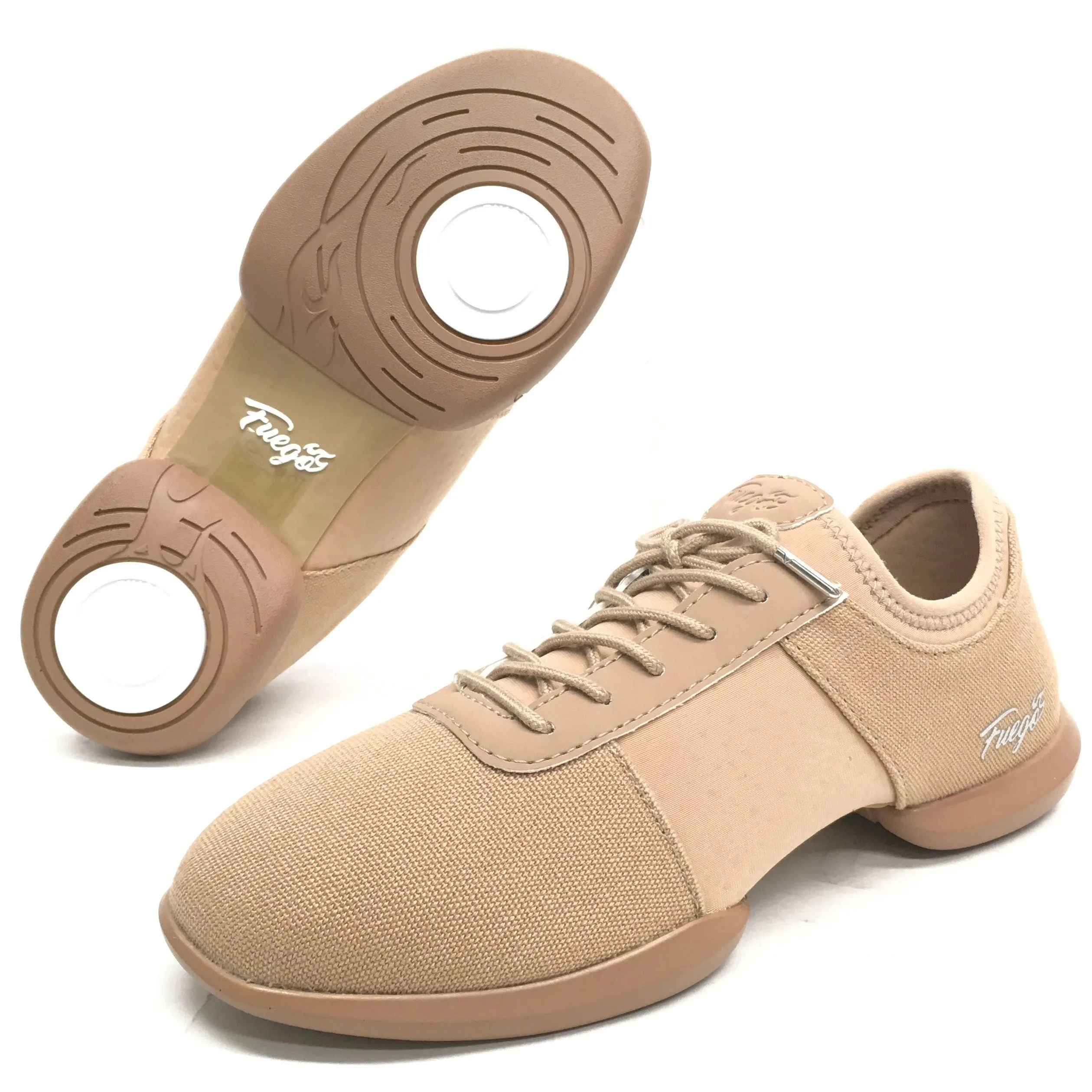 Fuego: Split Sole Dance Sneaker | Latte Fabric & Neoprene | MED | Flat Split Rubber Sole | VEGAN