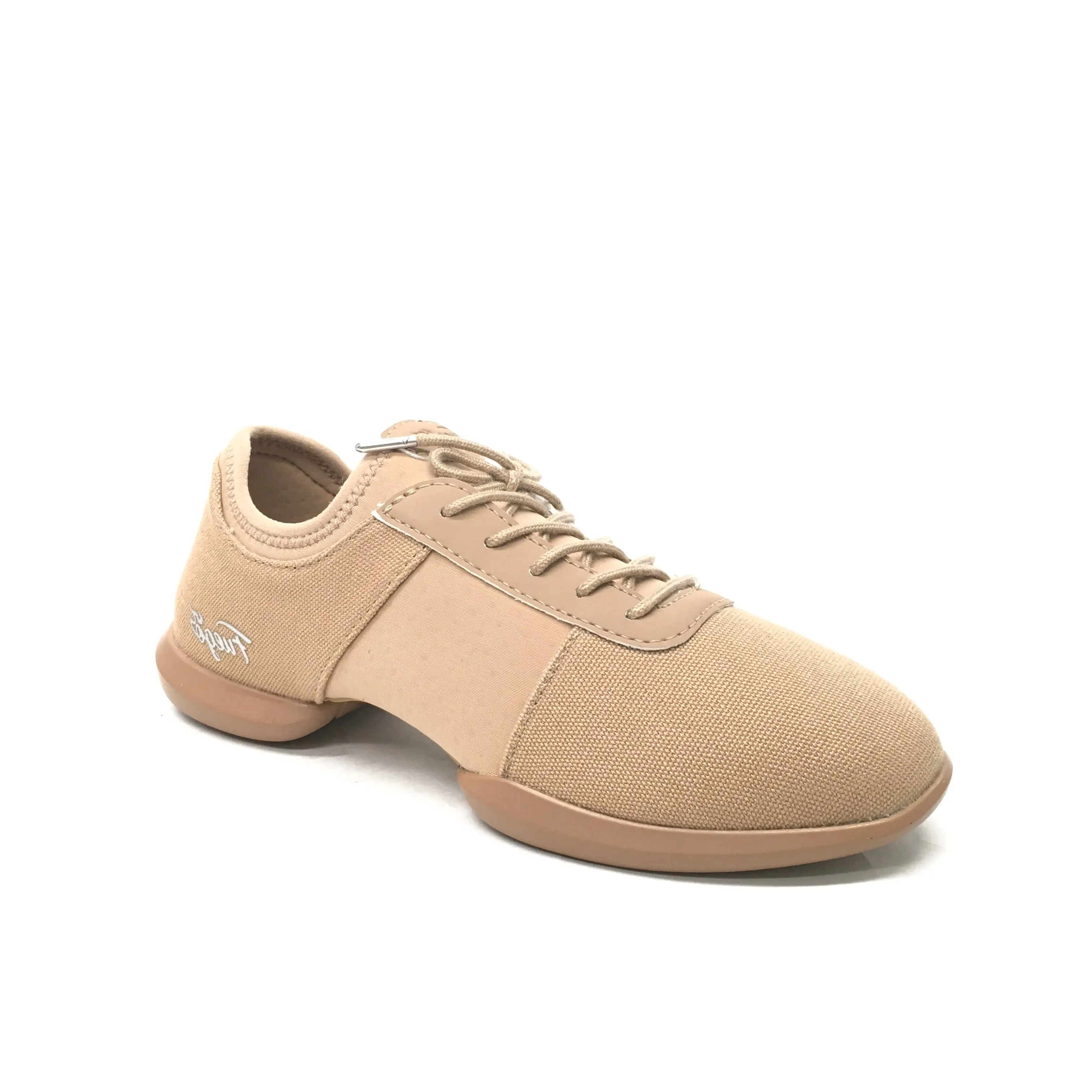 Fuego: Split Sole Dance Sneaker | Latte Fabric & Neoprene | MED | Flat Split Rubber Sole | VEGAN