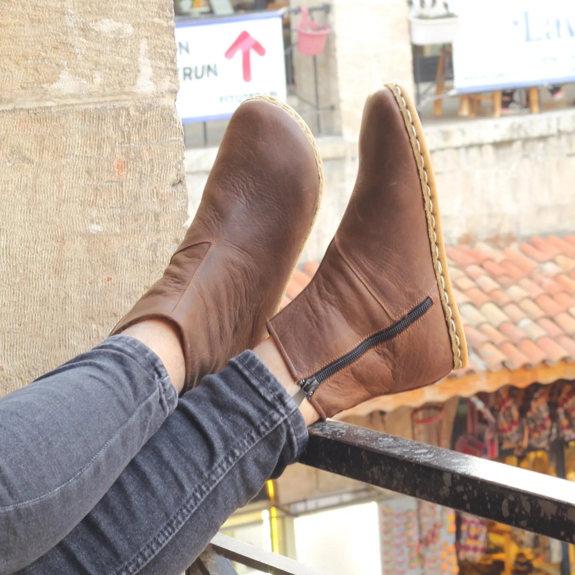 Genuine Leather Barefoot Men's Matte Brown Zippered Short Boots