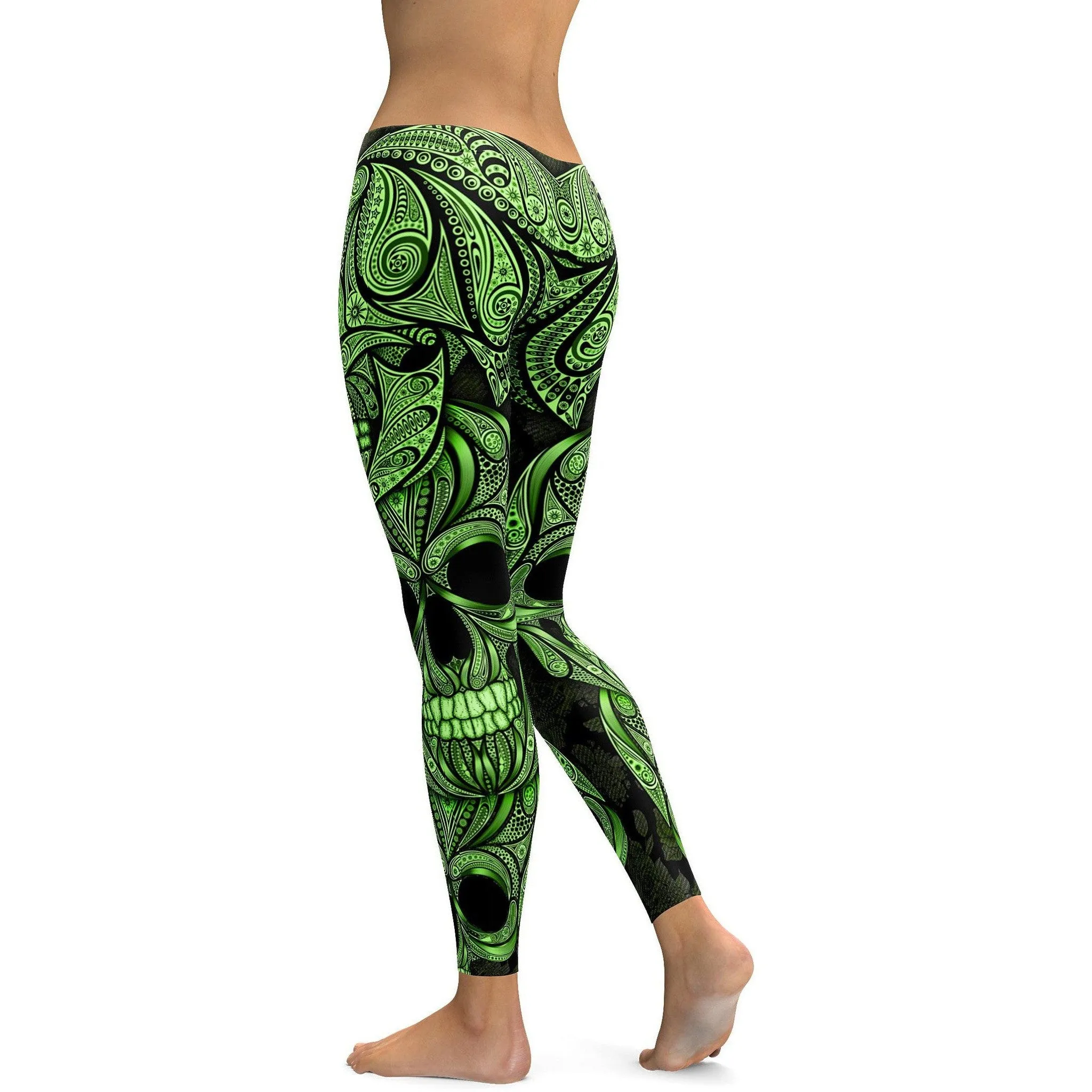 Green Ornamental Skull Leggings