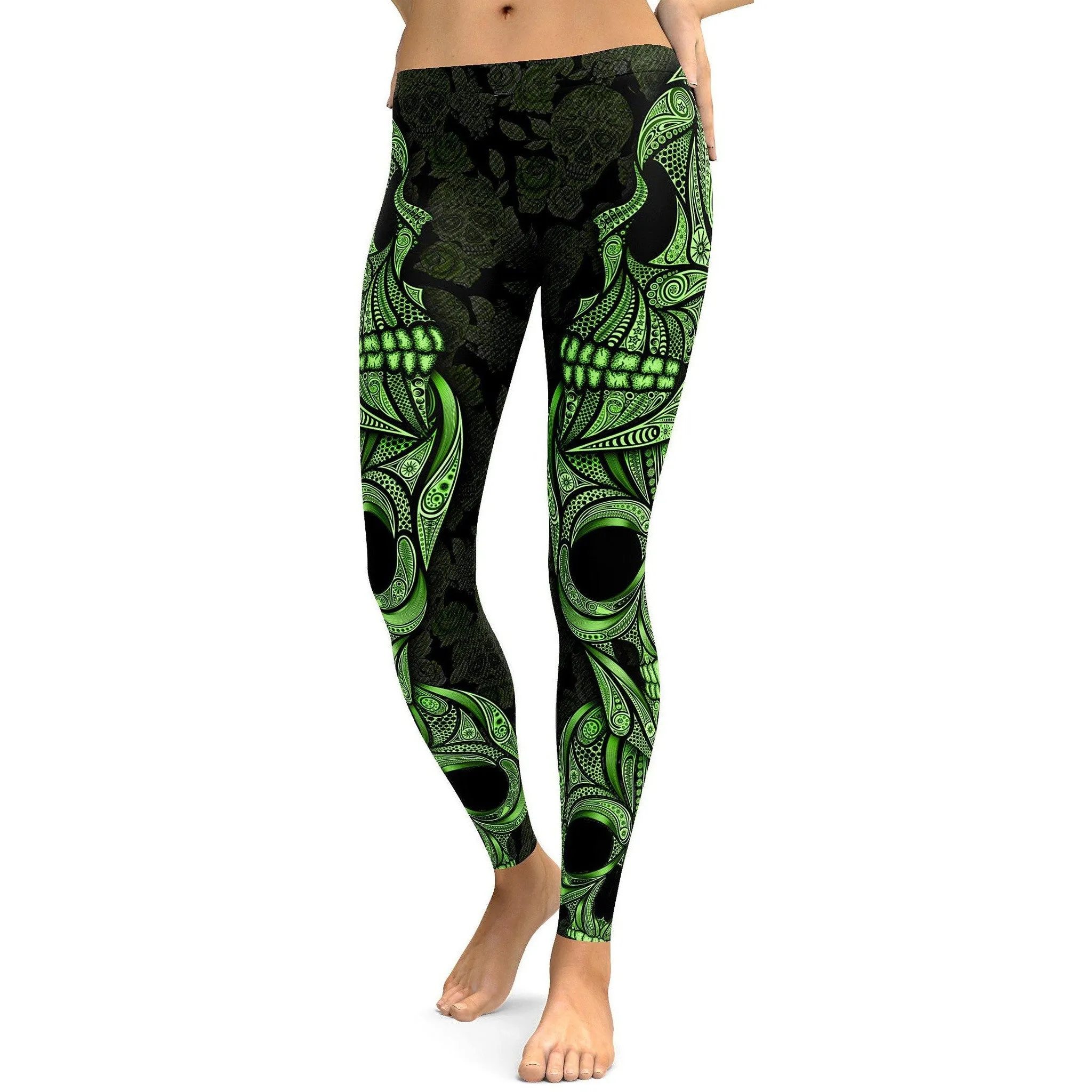 Green Ornamental Skull Leggings