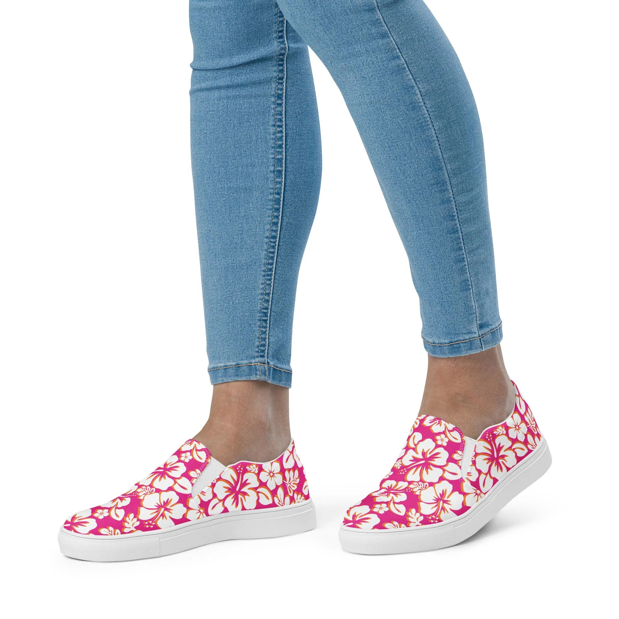 Hot Pink, Orange and White Hawaiian Flowers Women's Slip On Canvas Shoes