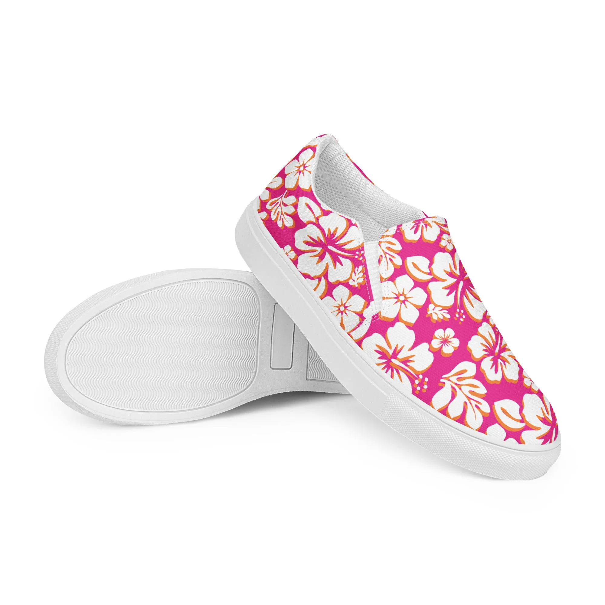 Hot Pink, Orange and White Hawaiian Flowers Women's Slip On Canvas Shoes