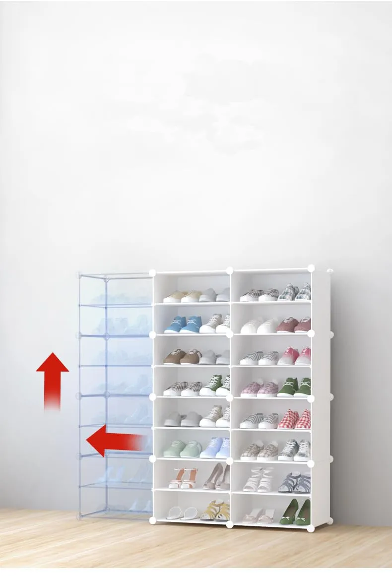 Kuber Industries Pack of 6 Shoes Cabinet |2 Column 8-Tier Foldable Shoe Rack Organizer for Closet | Plastic Shoe Shelf Collapsible Shoes Storage Box | Shoe Cabinet with Lids | JL2C8TWH | White